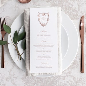 Modello di menu per matrimonio stampabile con rose francesi, menu modificabili per buffet di bevande per cene classiche vintage, Dusty Rose Emma