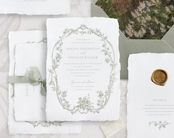 Set di modelli di inviti di nozze stampabili con ornamenti di salvia francese, inviti eleganti modificabili, dettagli di nozze classici, biglietti RSVP, Avelyn