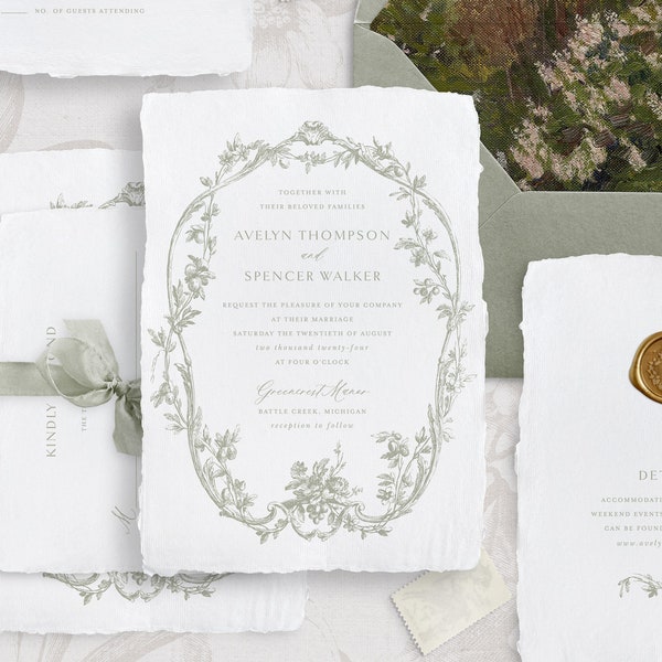Druckbare Hochzeitseinladungsvorlage mit französischen Salbei-Ornamenten, bearbeitbare elegante Einladungen, klassische Hochzeitsdetails-RSVP-Karten, Avelyn