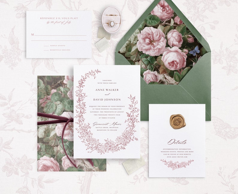 Printable Wedding Invitation Template Set with Floral Wreath, Editable Delicate Floral Invites Wedding Details and RSVP Cards Gold Botanical image 6