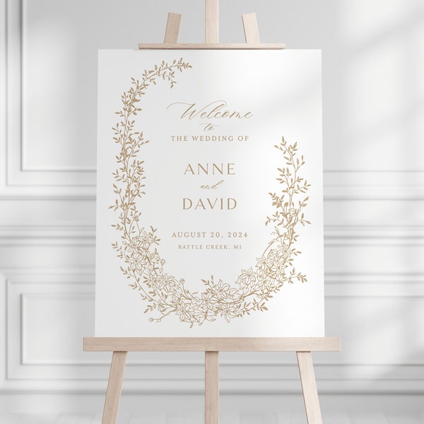 Printable Wedding Welcome Sign Template with Gold Floral Wreath, Editable Elegant Botanical Large Sign 24x36, Sign 18x24, A1, A2