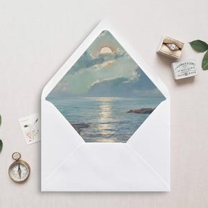 Druckbare Umschlagunterlage, A7, Euro Flap, Quadrat Flap, Landschaft Umschlag Liner für 5x7 Hochzeitseinladungen, Vollmond über dem Meer