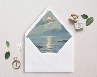 Printable Envelope Liner, A7, Euro Flap, Square Flap, Landscape Envelope Liner for 5x7 Wedding Invitations, Full Moon over the Sea