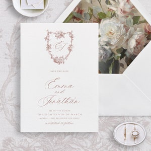 Modello stampabile per Save the Date di matrimonio con rose francesi, biglietto STD classico vintage modificabile, annuncio della data del matrimonio, Dusty Rose Emma
