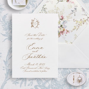 Druckbare Hochzeit Save the Date Vorlage mit französischen Rosen, bearbeitbare Vintage Classic STD Karte, Hochzeitsdatumsankündigung, Gold Emma