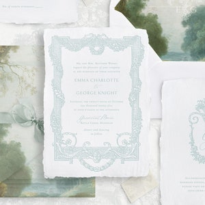 Plantillas de invitación de boda con marco floral vintage para imprimir, invitaciones de boda con marco de libro editables, tarjetas RSVP con detalles de boda en azul pálido