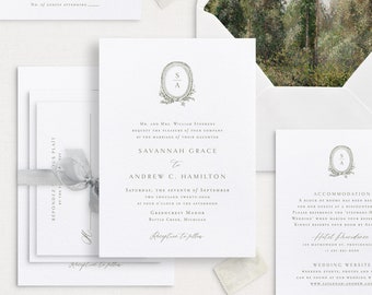 Printable Wedding Invitation Template Set with Sage Leafy French Medallion, Editable Elegant Invites, Classic Wedding Details RSVP Cards