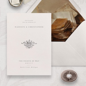 Plantilla imprimible de invitación para guardar la fecha de boda en estilo libro vintage, tarjeta de felicitación literaria editable, anuncio de fecha de boda con una historia de amor