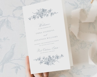 Printable Wedding Program Template with French Roses, Editable Vintage Classic Order of Service, Digital Ceremony Card Dusty Blue | Emma