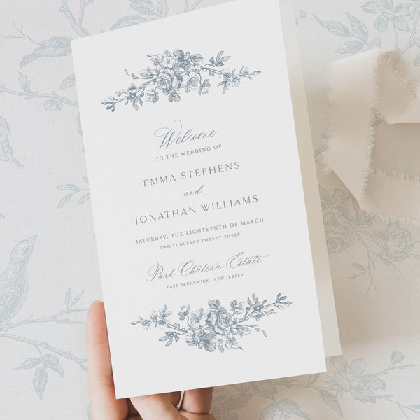 Plantilla de programa de boda imprimible con rosas francesas, orden de servicio clásica vintage editable, tarjeta de ceremonia digital Dusty Blue / Emma