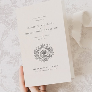 Plantilla de programa de boda de estilo vintage para imprimir, folleto de orden del servicio literario elegante y editable, tarjeta de ceremonia digital