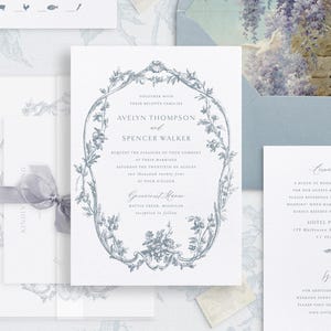 Set di modelli di inviti di nozze stampabili con ornamenti blu polvere, inviti eleganti modificabili, dettagli di nozze classici, biglietti RSVP, Avelyn