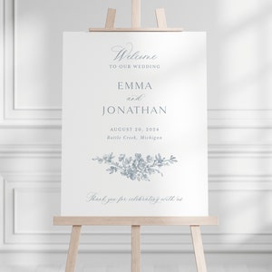 Printable French Roses Wedding Welcome Sign Template with Dusty Blue Florals, Editable Elegant Classic Large Sign 24x36, Sign 18x24 | Emma