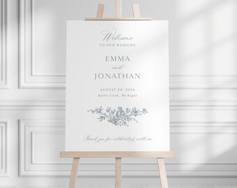 Printable French Roses Wedding Welcome Sign Template with Dusty Blue Florals, Editable Elegant Classic Large Sign 24x36, Sign 18x24 | Emma