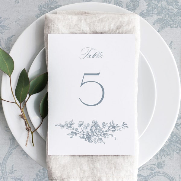 Printable Wedding Table Numbers Template with French Roses, Editable Vintage Small Table Sign Cards, Dusty Blue Table Number, Emma