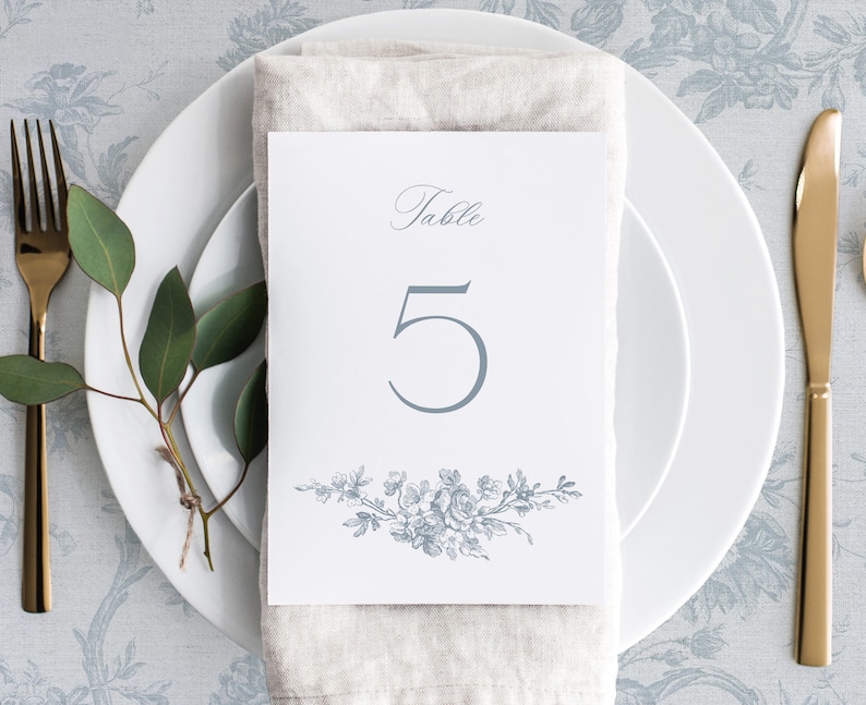 Printable Wedding Table Numbers Template with French Roses, Editable Vintage Small Table Sign Cards, Dusty Blue Table Number, Emma image 1