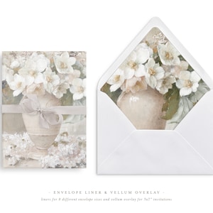 Druckbare Hochzeit Pergament Overlay und Umschlag Liner für 5x7 Hochzeitseinladungen Mini Bundle, weiße Blumen Malerei