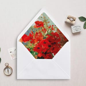 Druckbare Umschlagunterlage, A7, Euroklappe, quadratische Klappe, Blumen Stillleben Umschlageinlage für 5x7 Hochzeitseinladungen, Mohnblumenstrauß
