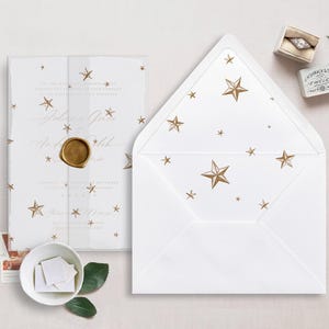 Druckbare Hochzeit Pergamentverpackung und Umschlag Liner für 5x7 Hochzeitseinladungen Mini Bundle, Antique Gold Stars Muster