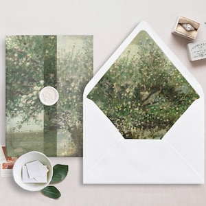 Druckbare Hochzeit Pergamentverpackung und Umschlag Liner für 5x7 Hochzeitseinladungen Mini Bundle, blühender Baum Malerei