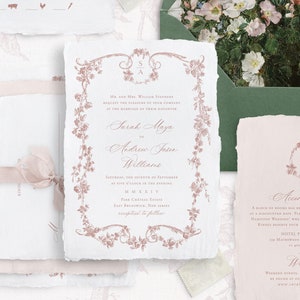 Modèles imprimables de faire-part de mariage avec roses françaises, invitations vintage classiques modifiables, détails du mariage et cartes RSVP Dusty Rose Emma