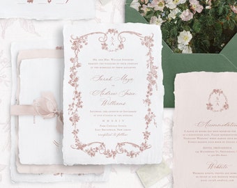 Set di modelli di inviti di nozze stampabili con rose francesi, inviti classici vintage modificabili, dettagli del matrimonio e biglietti RSVP Dusty Rose Emma