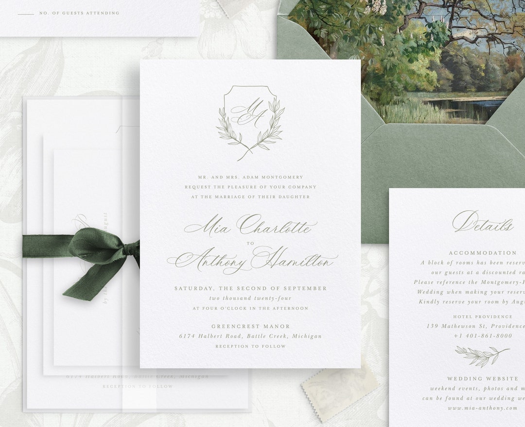 Printable Wedding Invitation Template Set With Sage Crest Leaf