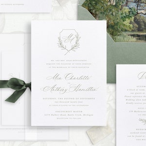 Afdrukbare sjabloon bruiloft uitnodiging set met salie kuifblad, bewerkbare elegante uitnodigingen, klassieke bruiloft details RSVP-kaarten, Mia