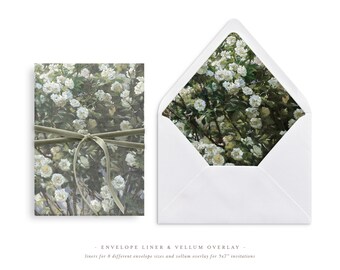 Printable Wedding Vellum Overlay and Envelope Liner for 5x7 Wedding Invitations Mini Bundle, White Rose Bush Painting