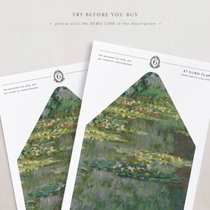 May include: Two printable A7 Euro flap envelopes with a watercolor painting of a pond with lily pads and water lilies. The text on the envelope reads "For personal use only, not for resale or redistribution" and "AT EURO FLAP slipperyexpress.etsy.com".