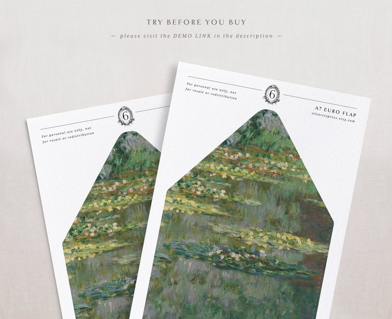 May include: Two printable A7 Euro flap envelopes with a watercolor painting of a pond with lily pads and water lilies. The text on the envelope reads "For personal use only, not for resale or redistribution" and "AT EURO FLAP slipperyexpress.etsy.com".