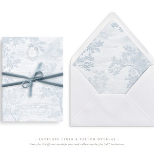 Druckbare Hochzeit Pergamin Overlay und Umschlag Liner für 5x7 Hochzeitseinladungen Mini Bundle, Toile Tree Print French Blue