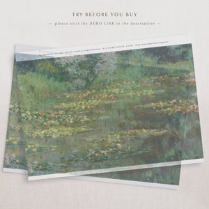 May include: A digital painting of a pond with water lilies and green foliage. The painting is in a muted color palette of greens, yellows, and blues.