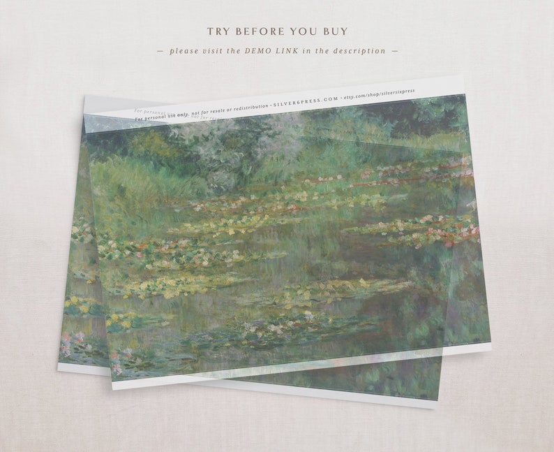 May include: A digital painting of a pond with water lilies and green foliage. The painting is in a muted color palette of greens, yellows, and blues.