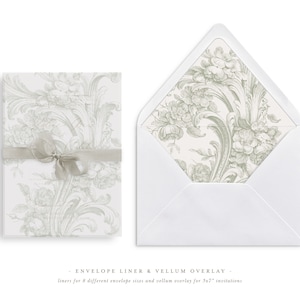 Hochzeitseinladungen Mini Bundle, Pergamin Overlay und Umschlag Liner für 5x7 Hochzeitseinladungen, Französische Rosen in Salbei Farbe