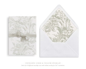 Printable Wedding Vellum Overlay and Envelope Liner for 5x7 Wedding Invitations Mini Bundle, French Roses in Sage Color