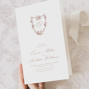 Druckbare Hochzeitsprogramm Vorlage mit französischen Rosen, bearbeitbare Vintage Classic Order of Service, digitale Zeremoniekarte Dusty Rose Emma