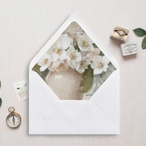 Druckbare Umschlag Liner, A7, Euro Klappe, Quadrat Klappe, 6,5 Quadrat, A6, 5,75 Quadrat, 4 Stange, 4 Stange für 5x7 Hochzeitseinladungen, Weiße Blumen