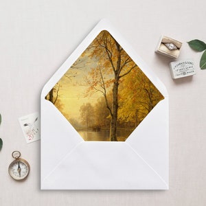 Druckbare Umschlagunterlage, A7, Euro Flap, Quadratische Klappe, Herbst Landschaft Umschlag Liner für 5x7 Hochzeitseinladungen, Indian Summer