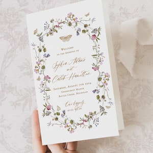 Druckbare Hochzeitsprogramm-Vorlage mit buntem Blumenrahmen und Schmetterlingen, bearbeitbare Reihenfolge des Service, digitale Schmetterlings-Zeremoniekarte