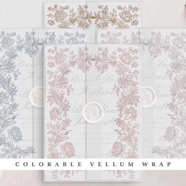 Colorable & Printable Wedding Vellum Wrap for 5x7" cards, Vintage Floral Frame Design