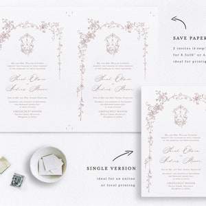 Pu&ograve; includere: Due modelli di invito di nozze stampabili con un arco floreale e uno stemma con le iniziali "S" e "A". Il testo recita "Mr. and Mrs. William Stevenson request the pleasure of your company at the marriage of their daughter Sarah Olivia to Andrew Mason Saturday, the seventh of September two thousand twenty-four at seven o'clock in the evening GREENCREST MANOR Botts Creek, Michigan Reception to follow"