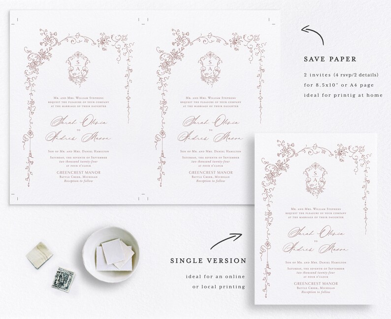 Pu&ograve; includere: Due modelli di invito di nozze stampabili con un arco floreale e uno stemma con le iniziali "S" e "A". Il testo recita "Mr. and Mrs. William Stevenson request the pleasure of your company at the marriage of their daughter Sarah Olivia to Andrew Mason Saturday, the seventh of September two thousand twenty-four at seven o'clock in the evening GREENCREST MANOR Botts Creek, Michigan Reception to follow"