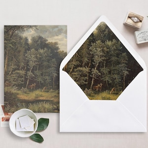 Druckbare Hochzeit Pergamentverpackung und Umschlag Liner für 5x7 Hochzeitseinladungen Mini Bundle, Hirsch im Wald Gemälde