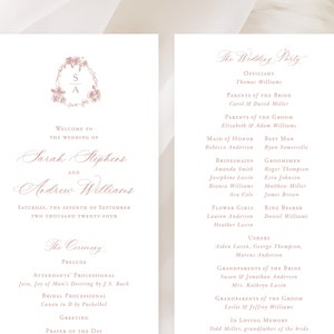Druckbare Hochzeitsprogramm Vorlage mit französischen Rosen, bearbeitbare Vintage Classic Order of Service, digitale Zeremoniekarte Dusty Rose Emma