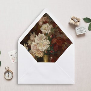 Druckbare Umschlagunterlage, A7, Euroklappe, quadratische Klappe, Blumen Stillleben Umschlageinlage für 5x7 Hochzeitseinladungen, Herbstrosen