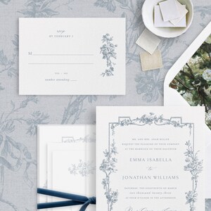 May include: A white wedding invitation with a blue floral border. The invitation reads "Mr. and Mrs. Adam Miller request the pleasure of your company at the marriage of their daughter Emma Isabella to Jonathan Williams Saturday, the eighteenth of March two thousand twenty-three at four o'clock in the afternoon."