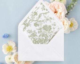 Floral Toile Envelope Liner - Sage Green Botanical Print for Wedding Invitations | A7 DIY Elegant Stationery Insert | Vintage Style