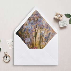 Druckbare Umschlagunterlage, A7, Euroklappe, quadratische Klappe, Blumen Stillleben Umschlageinlage für 5x7 Hochzeitseinladungen, Iris