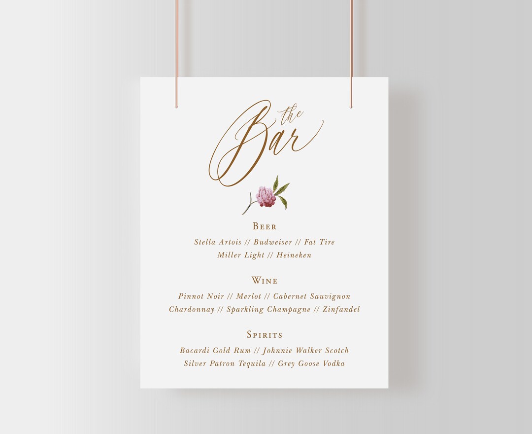 Bar Menu Sign, Printable Colorful Floral Wedding Sign Template ...